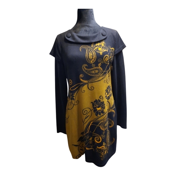 Dress M/L Paisley L/S Black And Yellow Gold RN#82312 - Picture 2 of 12